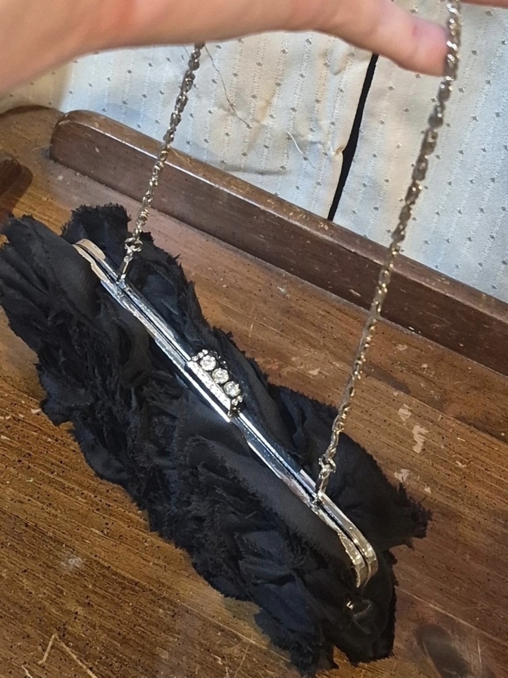 Black Ruffled Rose Fabric Evening Clutch Bag - Silver Chain Strap